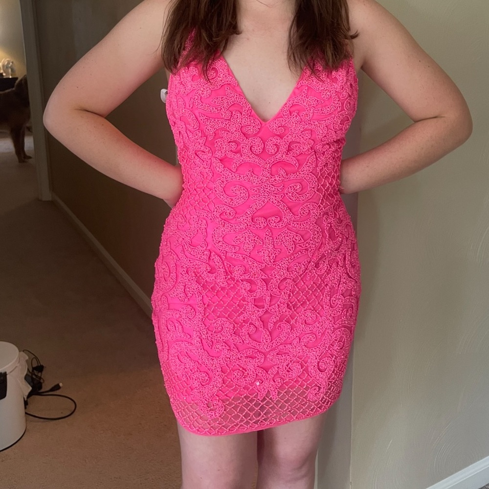 COPY - Primavera Couture 3138 Hot Pink beaded sequins homecoming dress cocktail